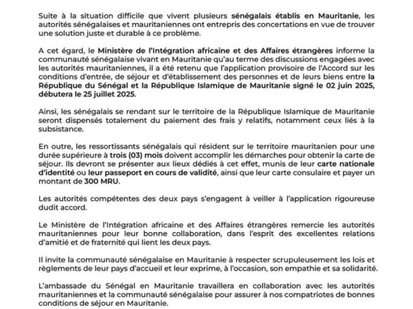 Sénégalais de Mauritanie : Nouvel accord pour faciliter leur séjour