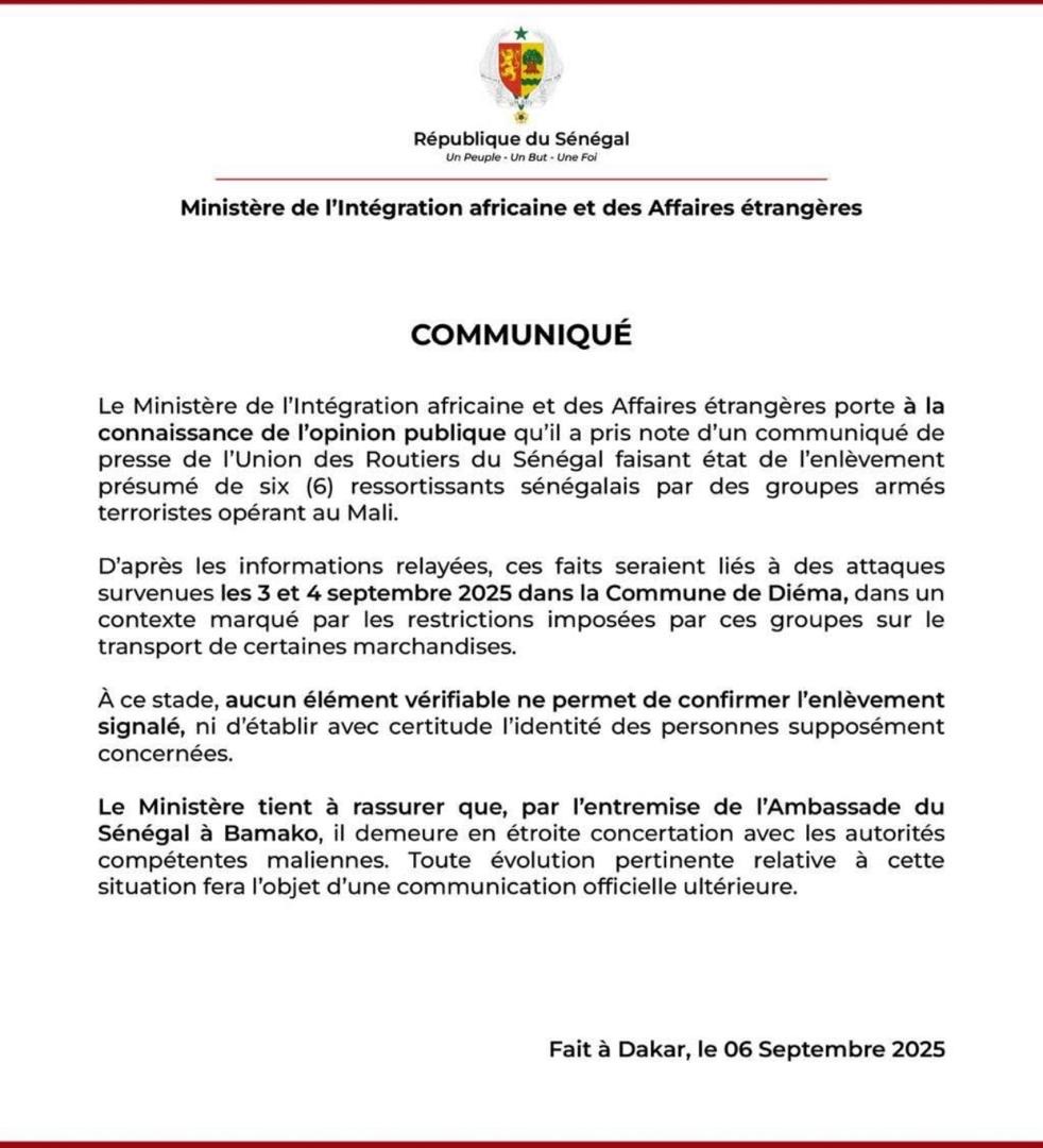 Six chauffeurs sénégalais présumément enlevés au Mali : Dakar reste prudent